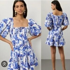 Caroline Constas Blue and White Ruched Puff Sleeve Mini Dress Size 6 Linen